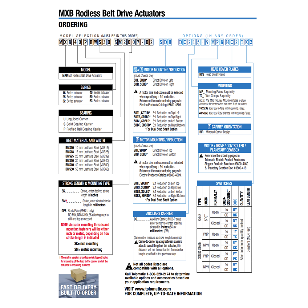 MXB-P SERIES TOLOMATIC MXB-P SERIES RODLESS ELECTRIC ACTUATOR<BR>SPECIFY NOTED INFORMATION FOR PRICE AND AVAILABILITY